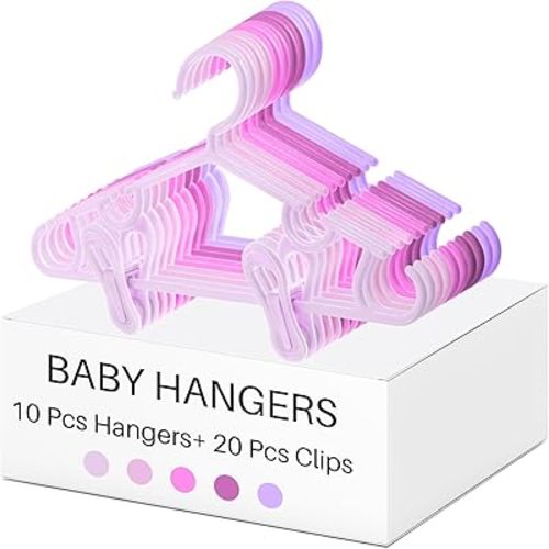 Hsei 5/10/40 Pack Baby Hangers with 10/20/80 Clips, Plastic Kids Pants Hangers for Nursery Closet Top and Bottom Clothes Hanger Set for Newborn Infant Toddler(30 Packs Total,Pink Series,10.6 Inch)