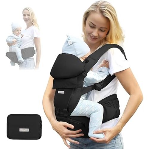 FRUITEAM Baby Carrier Newborn to Toddler 6 in 1 Hip Waist Stool with Head and Lumbar Support, Safety - Certified Hip Seat Carrier, Adjustable & Removable Baby Carrier for All Seasons, Black
