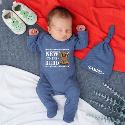New To The Herd Baby Bodysuit Set, Country Baby Outfit, Personalized Baby Name Outfit, Cow Baby Shower Gift, Baby Announcement Gift