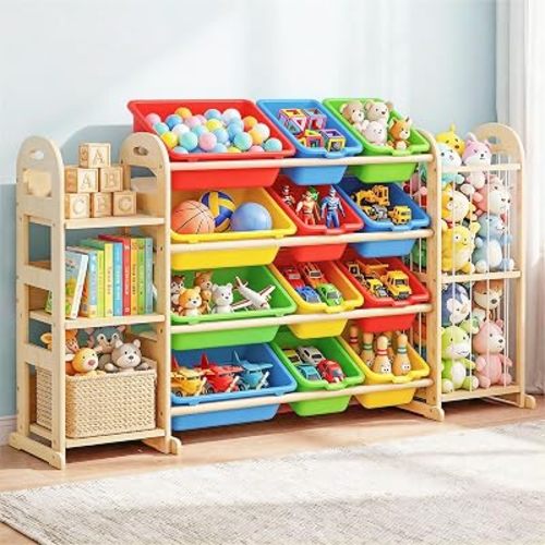 Kids Toy Storage Organizer, Toy Organizers and Storage with Stuffed Animal Storage, Toy Storage Shelf with 3 Shelves, 12 Storage Bins, Kids Bookshelf, Toy Holder for Playrooms, Bedrooms, Multi Color