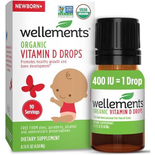 Wellements Organic Baby Vitamin D3 Liquid Drop 400IU Newborn+ 90 Day Supply