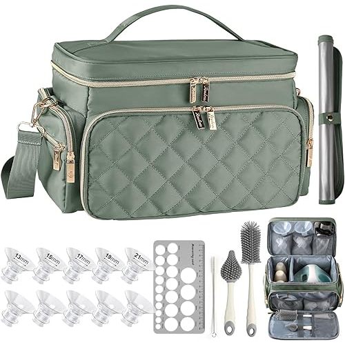 Breast Pump Bag Kit for Spectra S1/S2, Pumping Bag with 10Pcs Flange Inserts for 24mm Flange, Nipple Ruler, Bottle Brush Set, Waterproof Mat, Pump Carrying Case for Work Travel, Sage Green