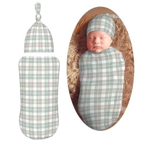 Sage Green and Taupe Watercolor Plaid Newborn Swaddle Blankets Baby Receiving Blanket Soft Swaddle Blanket with Hat Sets for Baby Shower Girl Boy Gift