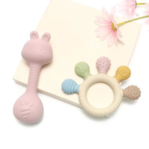 Baby Teether and Rattle Toy Set, BPA-Free, Food-Grade Silicone, Easy-Grip Teething Rattle for Babies, Soothing Teething Toy, Infant Sensory Toy for 3-24 Months (Cat)