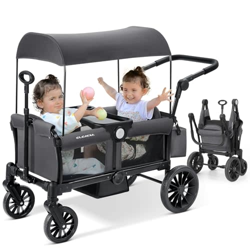 ELEMARA Foldable Wagon Stroller, Stroller Wagon for 2 Kids, Premium All Terrain Wagon for Kids with Removable Canopy, Adjustable Push/Pull Handle, Harnesses, Large Storage Bag