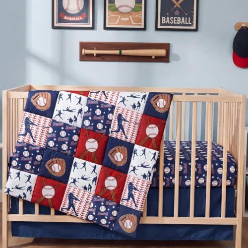 Peryiter 3 Pcs Baseball Crib Sheet Set Baby Crib Bedding Set Includes 52"x28" Fitted Sheet, Quilt, Bed Skirt for Newborn Boy Girl Cute Nursery Newborn Sheets Decor