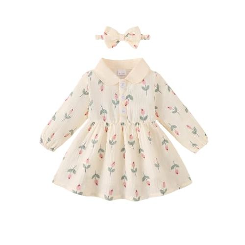 Renotemy Baby Girl Dress Fall Winter Cute Toddler Girl Clothes 3M-3T | Baby Baptism Shower Dress with Headband,Spring Wedding Flower Girl Outfits,Long Sleeve Peter Pan Collar Dress Birthday Gifts