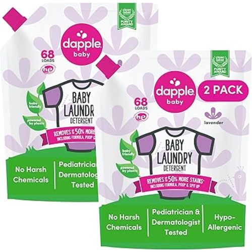 Dapple Baby Laundry Detergent, Powered by Plants, Concentrated, Hypoallergenic, Sweet Lavender, Eco-Friendly Pouch, Stain Remover, 34 Fl Oz (2 Pack)
