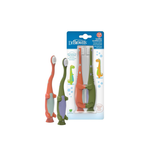 Dr. Brown's Toddler Toothbrush, Dinosaur, Green and Orange, 2-Pack