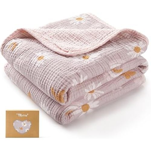 TILLYOU Muslin Baby Blankets for Girls Boys, Cotton Baby Blankets, Soft Breathable and Lightweight 40"X40", Pink Butterfly