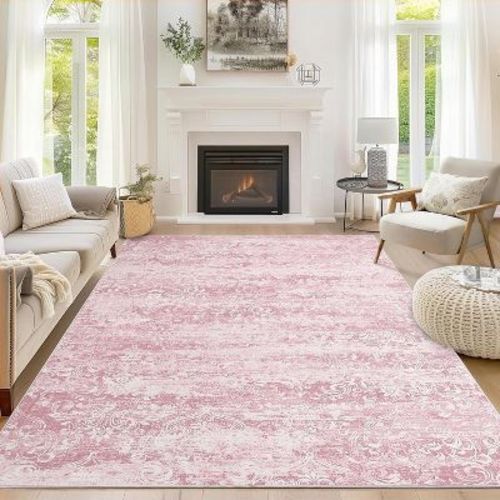 Washable Boho Area Rugs for Living Room, Soft Vintage Damask Distressed Large Carpet, Foldable Retro Abstract Non-Slip Throw Rugs for Bedroom