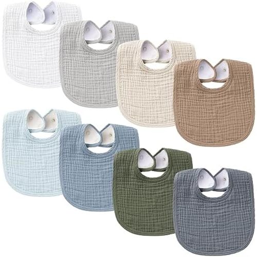 Konssy 8-Pack Muslin Baby Bibs, Adjustable Fit for Drooling and Teething