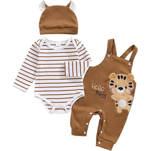 Baby Boy Clothes Cute Suspender Outfit Animal Embroidery Overall | Soft Cotton Striped Romper, Animal Embroidery Overalls with Matching Hat for 0-18 Months Baby Daily Wear