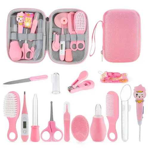 OTTOLIVES Baby Healthcare and Grooming Kit, 15 in 1 Baby Shower Gifts with Nail File, Hair Brush Comb, Toothbrush, Nasal Aspirator, Baby Essentials Kit for Newborn Infant Girls Boys (Pink)
