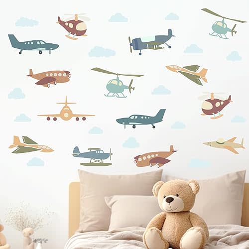 Mfault Boho Airplane Wall Decals Stickers, Aircraft Cloud Nursery Decorations Boys Bedroom Art, Helicopter Baby Toddler Kids Room Playroom Classroom School Decor