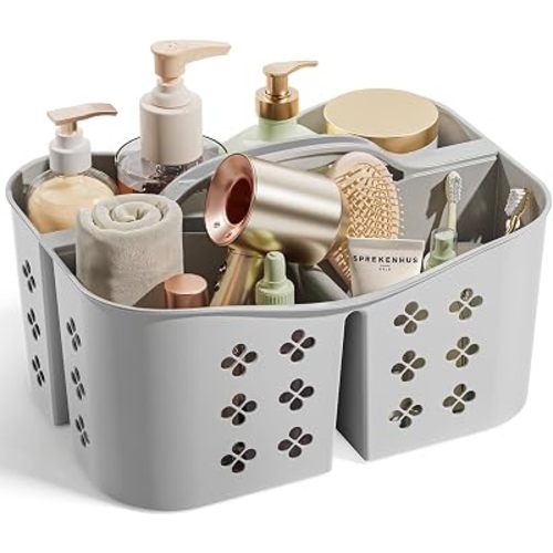 Portable Shower Caddy with Handle, Large Capacity Shower Basket Organizer, Quick-Drain Bathroom Storage Tote, Durable Plastic Shower Organizer for College Dorm, Beach, Gym, Travel Essentials, Grey