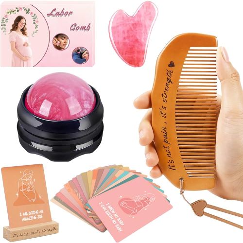 Birthing Comb Labor Gifts for Pregnant Women, Natural Labor and Delivery Essentials with Wooden Labor comb,Pregnancy Birth Affirmation Cards,Massage Roller Ball,Facial Massager,Storage Bag,Wooden Base