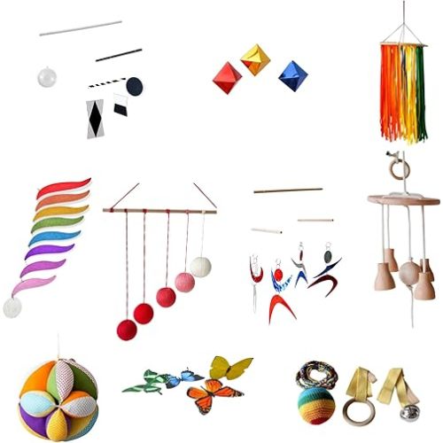 Box of Montessori Mobile, Gobbi Mobile, Montessori Bell and Ring, Tactile Mobile, Octahedron Mobile, Ribbon Mobile, Rainbow Mobile