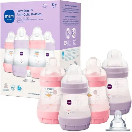 MAM 5oz Easy Start Anti-Colic+ Vented Baby Bottle, 0+ Month, 4 Pack, Girl | Slow Flow Breastfeeding-Like Nipple, Dual Anti-Colic Bottle Reduces Gas & Reflux, Easy Clean, BPA Free, Made In Europe