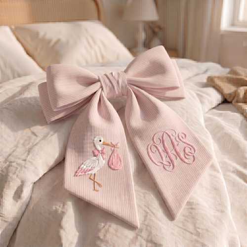Personalized Baby Name Sash, Embroidered Stork Bow Sash, Custom Newborn Hospital Door Hanger, Baby Girl Keepsake Bow, Nursery Decor Gift