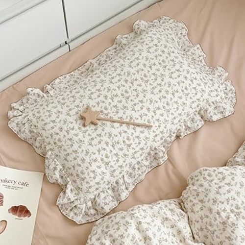 BuLuTu Camellia Floral Print Pillowcase King Muslin Cotton Pillow Case Chic Shabby Pillow Cover with Ruffles Enveloped Pillowcases, Machine Washable, 20x36 inch, 1 Piece