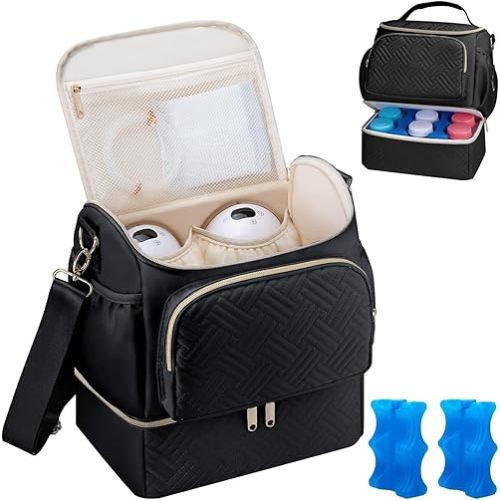 Wearable Breast Pump Bag with Cooler Compartment Compatible with Willow/Elvie/Medela/Momcozy M5/S12 Pro, Breast Milk Cooler Travel Bag with Ice Pack, Pumping Bags for Work, Black