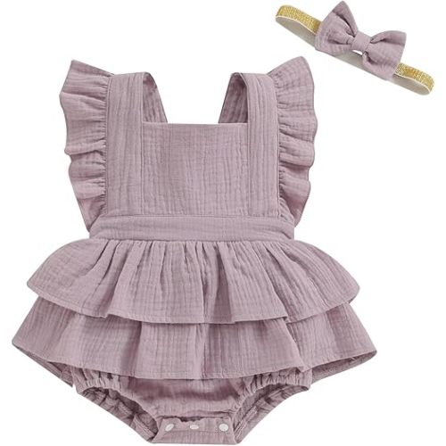 MERSARIPHY Newborn Baby Girl Summer Outfit Linen Ruffle Bubble Romper Dress One Piece Bodysuit Jumpsuit Infant Summer Clothes