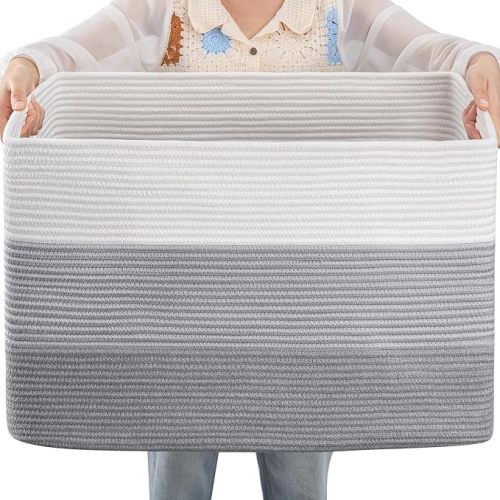 OIAHOMY 108L Large Cotton Rope Basket, Rectangle Woven Baskets for Storage, Nursery Blanket Storage Living Room, Toy Basket With Handle-25”x16”x16”-Gradient Grey