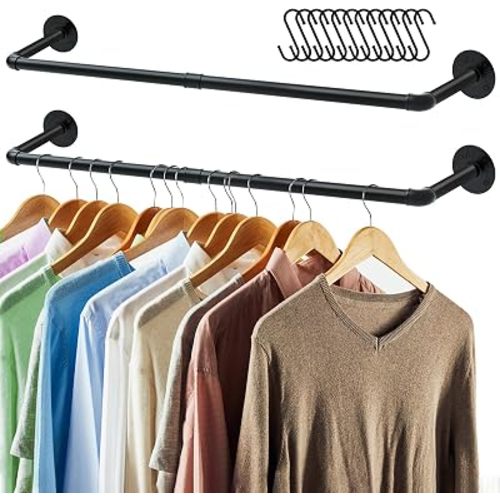 ERYTLLY Industrial Pipe Clothes Rack 38”, 2 Set Multi-purpose Wall Mounted Iron Garment Rod,Heavy Duty Detachable Hanging Clothes Rack for Closet Rod (Black,2 Base)