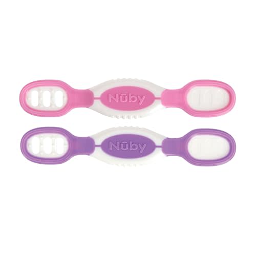 Nuby Dip & Scoop Spoons - (2-Pack) Baby Led Weaning Spoons for Babies - 6+ Months - Purple and Pink