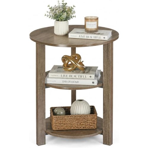Farmhouse 3-Tier Round Side Table, 17.7 * 21.7 Inch Small End Table for Living Room, Wooden Bedside Table Nightstand with Open Storage, Industrial Accent Table for Small Spaces,Oak