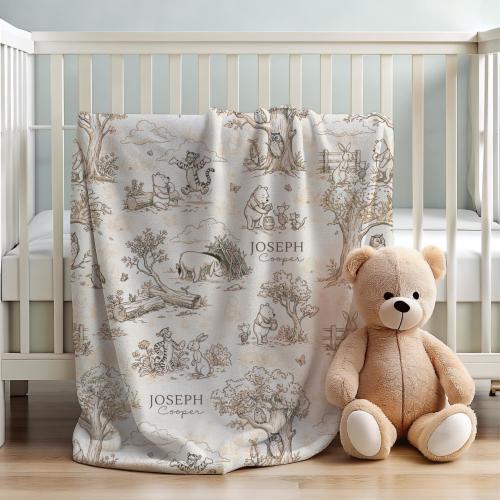 Custom Classic Pooh Inspired Baby Blanket Personalized Name Velveteen Woodland Nursery Keepsake Gift
