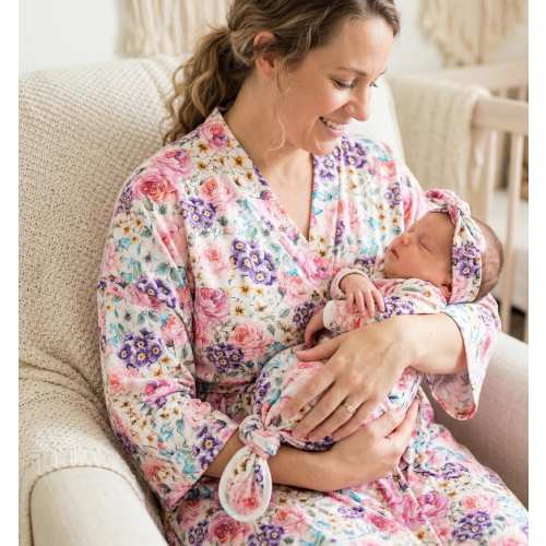 Floral mommy and me maternity robe and baby gown and headband or hat