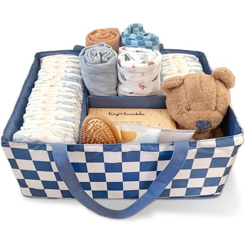Tiny Twinkle Diaper Caddy Organizer | Foldable Baby Storage Basket with Removable Divider | Waterproof & Mess-Proof Fabric, Portable Nursery Organizer for Newborn Essentials (Blue Checkers)