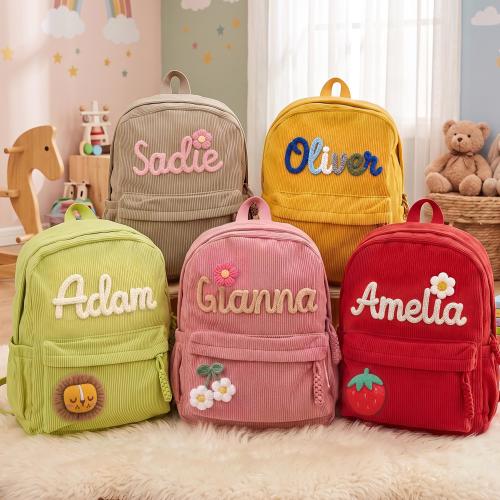 Personalized Corduroy Backpack with Hand-Crocheted Name, Christmas Gift for Toddler and Kids