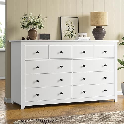 White Dresser for Bedroom with 10 Spacious Drawers Large Wood Dresser TV Stand for Bedroom Modern Chest of Drawers for Living Room Hallway Entryway, Smooth Slide, 15.7" D x 52" W x 36.5" H