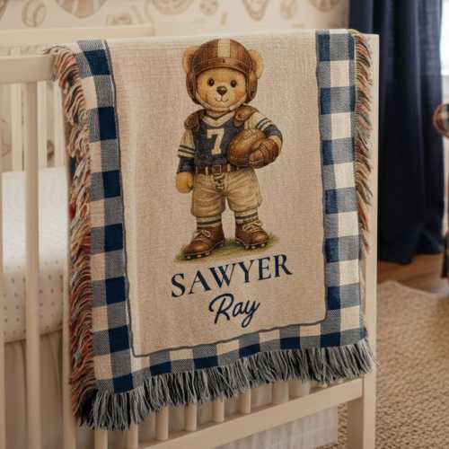 Personalized Football Teddy Bear Woven Blanket | Baby Boy Sports Nursery Decor | Preppy Heirloom Baby Name Blanket
