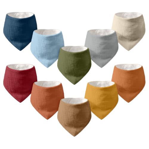 10 Pack Muslin Baby Bandana Bibs for Drooling and Teething | Absorbent Cotton Drool Bib for Baby Boy Girl, Easy Adjustable Bibs for Newborn Infants Toddlers, 0-36 Months, Neutral Colors