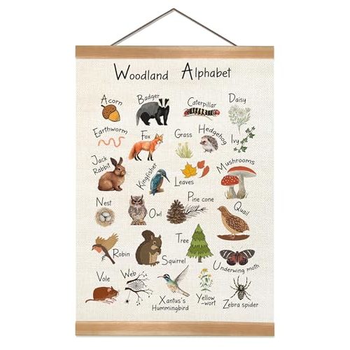 Alphabet Poster Wall Hanger Frame, Funny Animal Education Wall Art Posters, Classroom Hanging Wall Decor, Alphabet Banner Decor for Toddler Room Playroom Nursery,Kids Room Decoration (Woodland Alphabet)