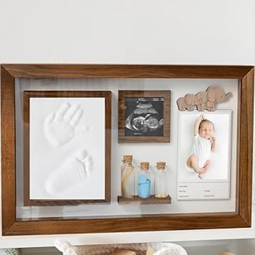 Baby Hand and Footprint Kit, Baby Memory Keepsake Box Frame with Tooth Box & First Curl Holder, Newborn Footprint Kit, First Haircut Keepsake, 1st Year Gift for Newborn Boys, Girls & New Moms-to-Be