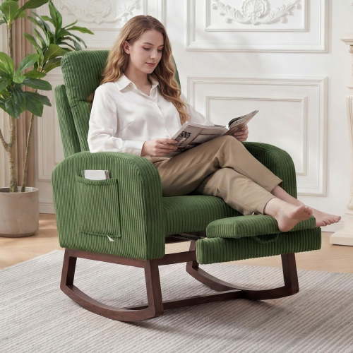 Nursery Glider Rocking Chair with Adjustable Footrest, High Back, Side Pocket, Upholstered Nursing Rocker with Solid Wood Base for Nursery/Living Room/Bedroom - Walnut Legs, Corduroy, Green