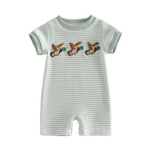 BemeyourBBs Newborn Baby Boy Girl Duck Outfit Summer Clothes Waffle Knit Striped Romper Casual Mallard Embroidered Striped Crew Neck Short Sleeve Infant Jumpsuit Shorts