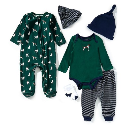 Adventurewear 360 Baby Boys Long Sleeve Hunting Dog Bodysuit, Coverall, Pants, Bib, Hat, and Socks 6-Piece Set