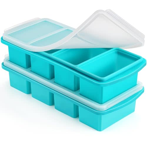 Silicone Freezer Tray with Lid, 1-Cup, 2-Pack, Aqua | BPA-free, leakproof lid, easy-release, stackable, dishwasher-safe. Great for soups, sauces, leftovers, meal prep, baby food.