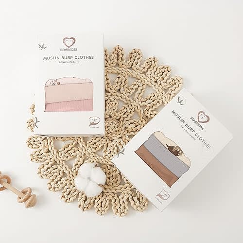 Bearmoss Muslin Burp Cloths, 100% Cotton Baby Burping Clothes, Large Extra Soft Absorbent for Unisex Newborn Boy and Girl, 20x10in, 6 Pack, Grey Print