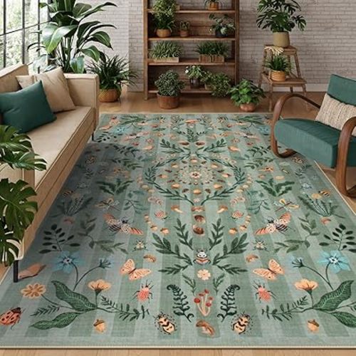 Lahome Insect Botanical Washable Rugs 8x10 Green Rug for Living Room, Boho Non Slip Rugs for Bedroom, Indoor Throw Dining Room Rug for Under Table Carpet for Home Office Playroom(Green,8x10)
