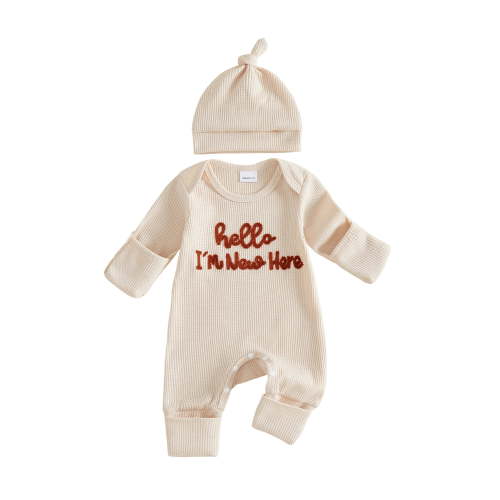 Cjfdfy Newborn Baby Boy Girl Fall Outfit Hello I'm New Here Print Long Sleeve Ribbed Romper And Hat Infant Cute Coming Home Fall Winter Outfit 0-6 Months