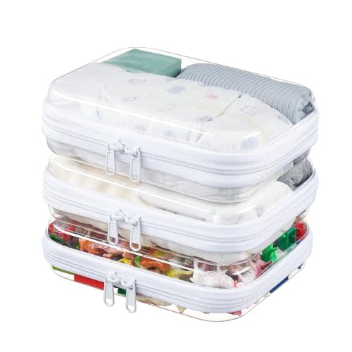 3-Pack Medium Clear Hard Shell Zipper Pouches, Clear Zipper Bags, Hard Case Pouches for Purse & Diaper Bag Organizer, and Travel Essentials (3M)
