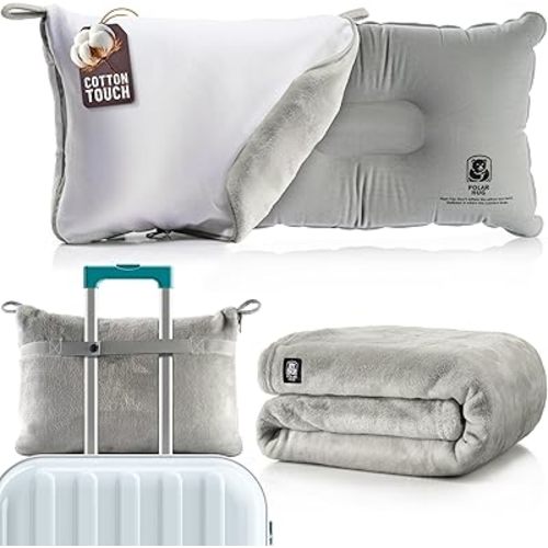 Travel Blanket and Pillow Set — Airplane Blanket with Inflatable Pillow and Cotton Pillowcase, Travel Blanket Combo with Back-Neck Snaps for Long Flights
