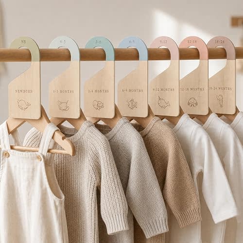 Beautiful Wooden Baby Closet Dividers Set of 7 - Double-Sided Organizer for Newborn to 24 Months Size Clothes - Adorable Nursery Decor Hanger Dividers Easily Organize Your Little Girls or Boys Room
